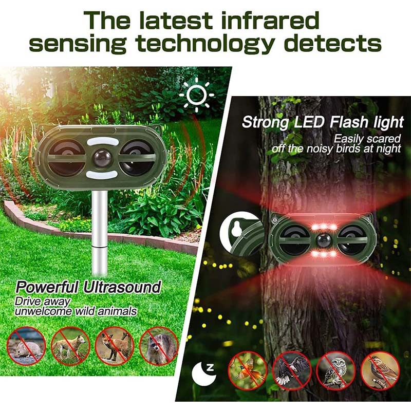 Nuevo repelente de animales transfronterizo, repelente de pájaros solar para exteriores, repelente de perros, repelente ultrasónico de ratas con LED intermitente