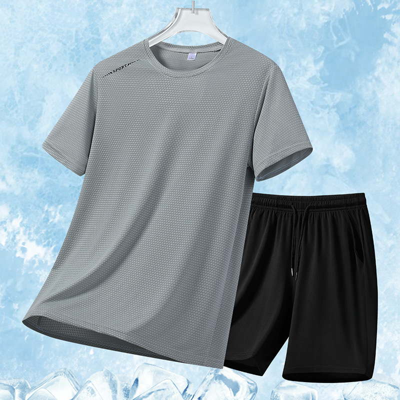 Ice Silk Summer Traje deportivo casual para hombre Cool suelto de dos piezas para hombre Camiseta transpirable de secado rápido Pantalones cortos para hombre