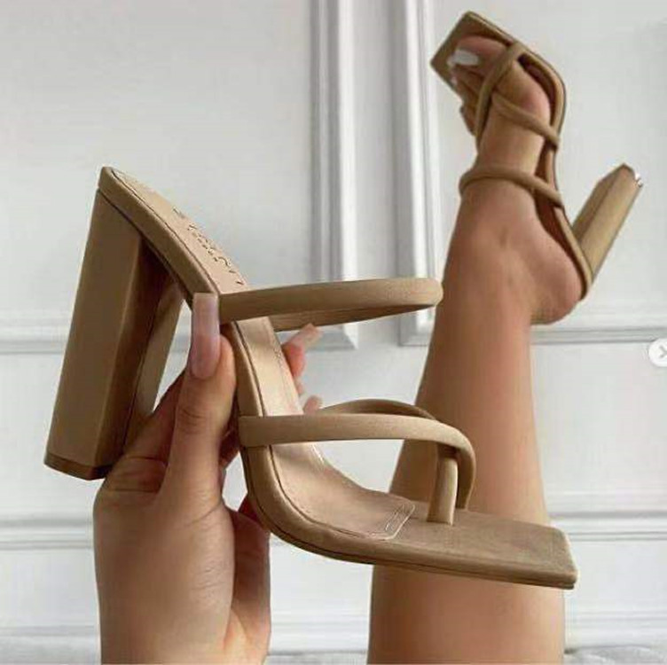 Solid Color Square Toe High-Heeled Thick Heel Sandal NSHYR91117