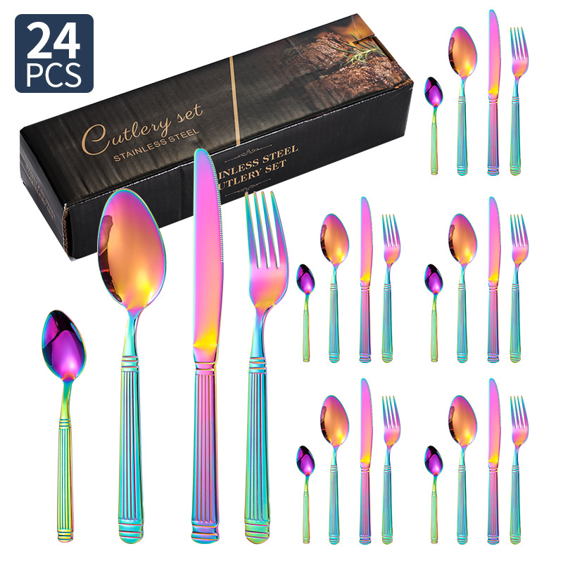 Columna romana vajilla de acero inoxidable cuchillo, tenedor y cuchara juego de 24 piezas hotel restaurante bistec cuchillo, tenedor y cuchara vajilla occidental cuchillo y tenedor