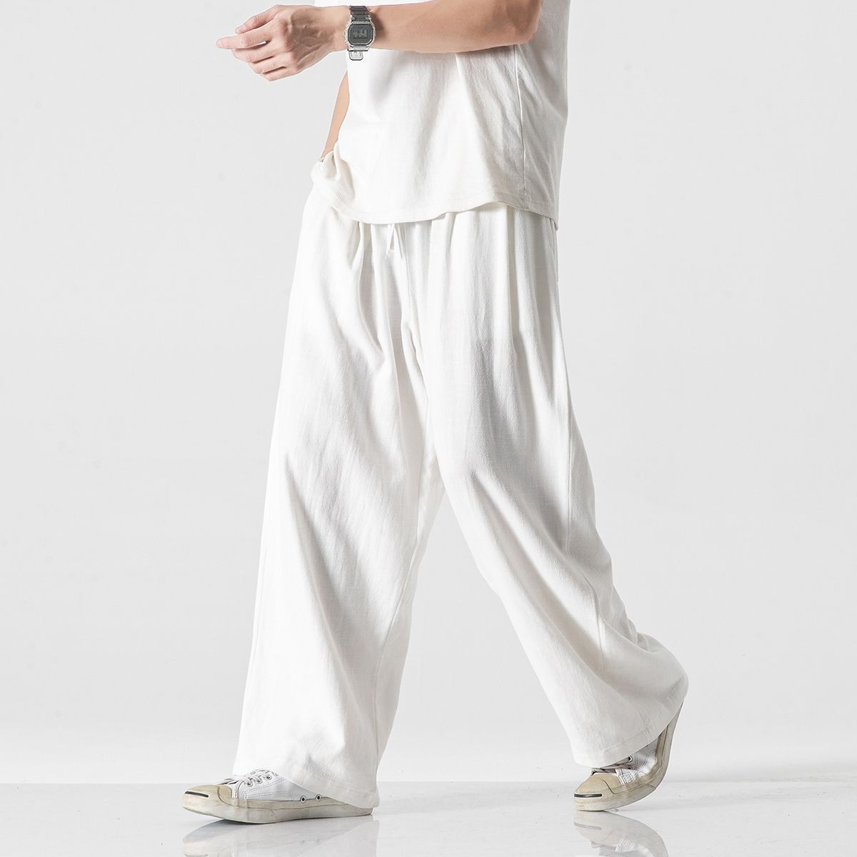 Pantalones de lino Pantalones de hombre Pantalones anchos rectos sueltos de estilo chino Pantalones deportivos casuales de algodón y lino de verano para hombres