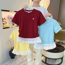 【40支精梳棉罗纹1X1爽棉高弹】纯棉短袖t恤女童蕾丝拼接夏装上衣