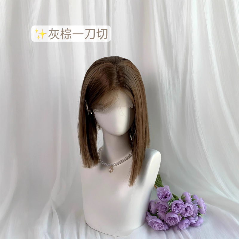 假发亚麻灰棕一刀切短发女全头套前额蕾丝高温丝日常|undefined