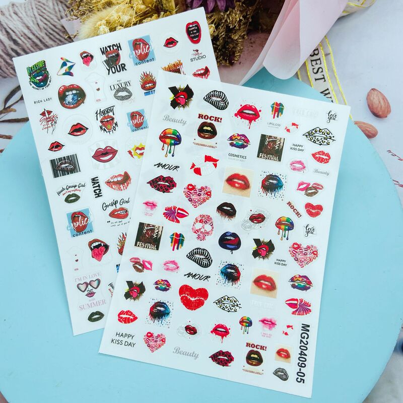 diy Japanese-style thin transparent adhesive nail stickers New charming red lips English letters series factory direct supply