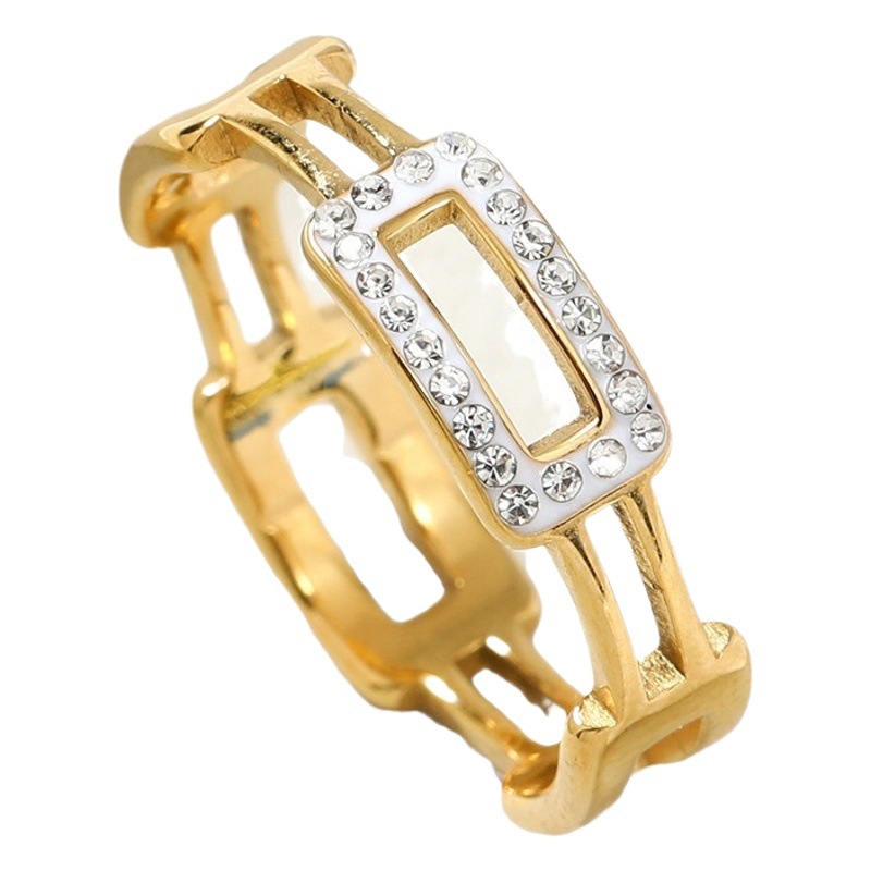 Joyas de acero inoxidable europeas y americanas Fashion Square geométrica arcilla diamante incrustado cadena anillo de acero de titanio anillo de personalidad de lujo ligero