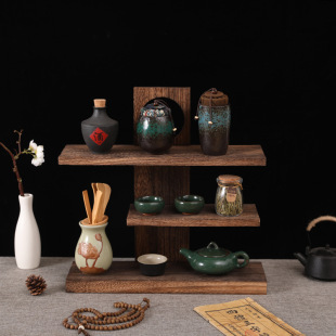Small Multi-Layer Desktop Solid Wood Retro Tea Set Ornaments Household Tea Cup Rack Teapot Shelf Storage Rack Display