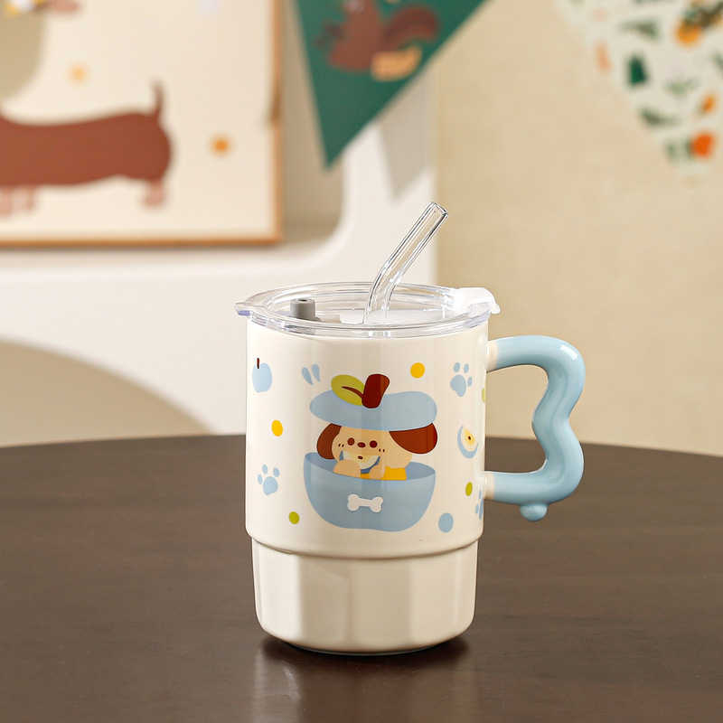 動物リンゴ高価値ストローカップマグセラミックカップ水カップ蓋スプーンかわいいギフトボックス誕生日クリエイティブアイテム|undefined