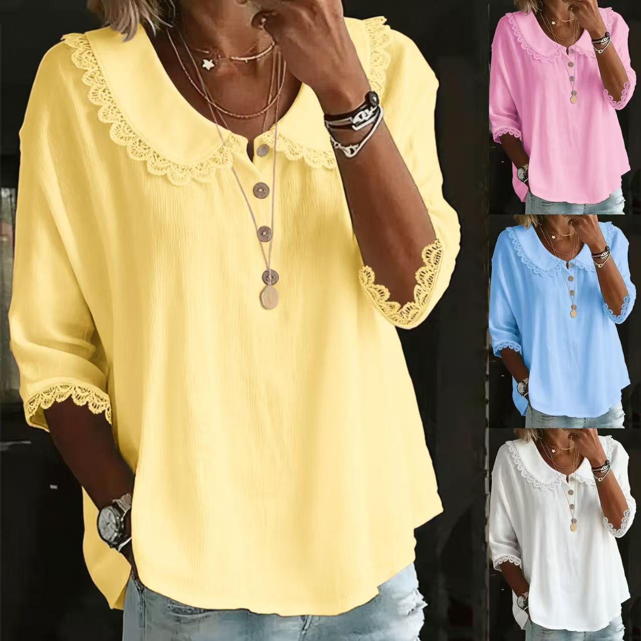 European and American Cross-Border Amazon Autumn New Women's Casual Loose Fashion Lapel Lace Solid Color Button Shirt