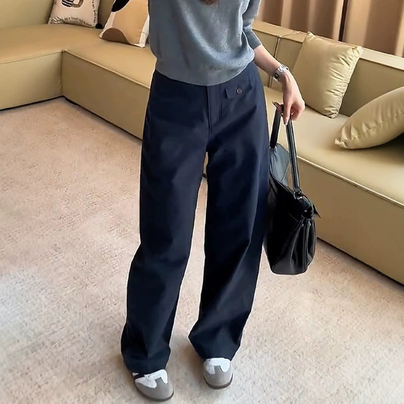 Navy blue wide-leg work pants for women, suitable for spring and autumn, straight-leg, plus-size, high-waisted, loose-fitting, slimming, and floor-length casual pants Navy blue wide-leg work pants for women, suitable for spring and autumn, straight-leg, plus-size, high-waisted, loose-fitting, slimming, and floor-length casual pants