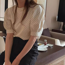 韩国chic 2025夏新款圆领两面穿设计小盐圆点上衣短袖波点衬衣女