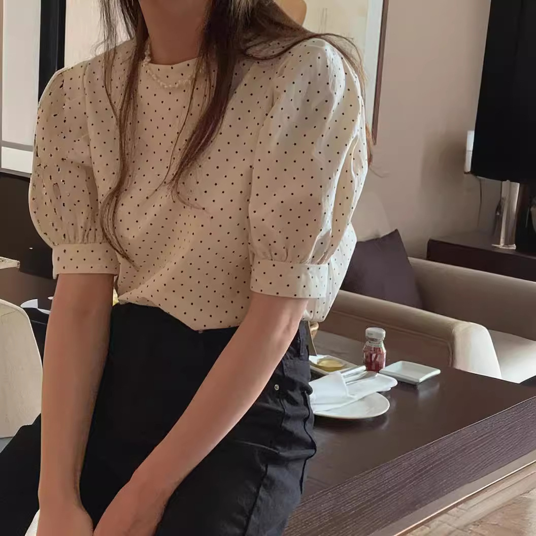 韩国chic 2025夏新款圆领两面穿设计小盐圆点上衣短袖波点衬衣女