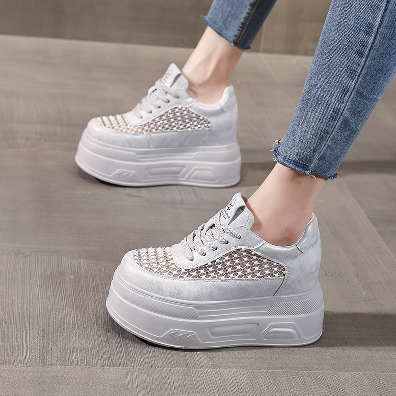 Giày sneaker nữ đế dày lưới thoáng, phối đá rhinestone, tăng chiều cao — màu trắng