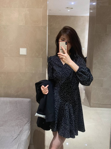 Black Polka Dot Long-Sleeve Shirt Dress for Women, Autumn New Chiffon Collar Short Skirt High-End Word Skirt