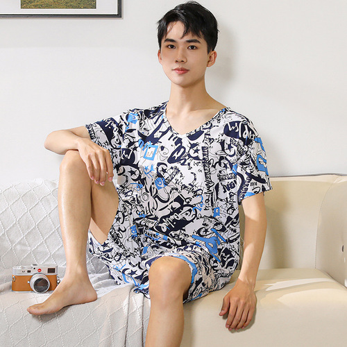Men's Cotton Satin Summer Thin Pajama Set, Artificial Cotton Simple Short Sleeve Loose Plus Size Shorts, Satin Home Suit