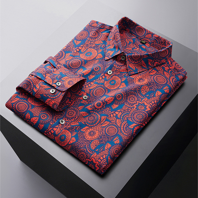 Spring and Autumn New plus size Men's Long Sleeve Shirt Fat Brother Fat Guy Digital Printed Shirt Red Festive Loose Casual Spring and Autumn New plus size Men's Long Sleeve Shirt Fat Brother Fat Guy Digital Printed Shirt Red Festive Loose Casual