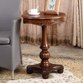 美式实木圆边几角几复古做旧彩绘客厅雕花小茶几欧式沙发旁边桌子