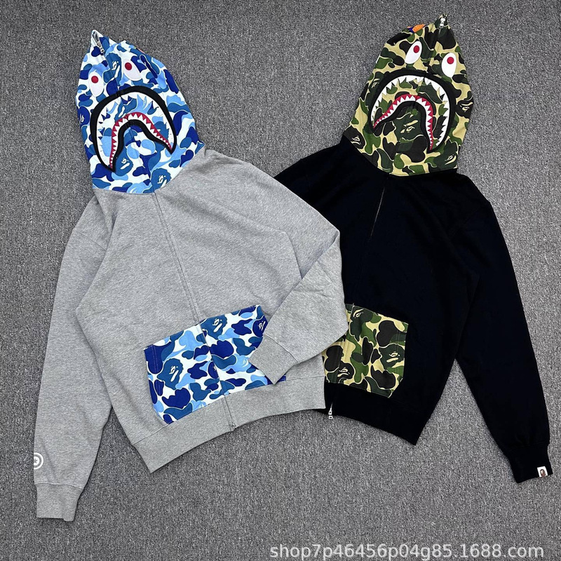 BAPE SS26 Camouflage Patchwork Full-Zip Shark Hoodie Unisex Camouflage Jacket