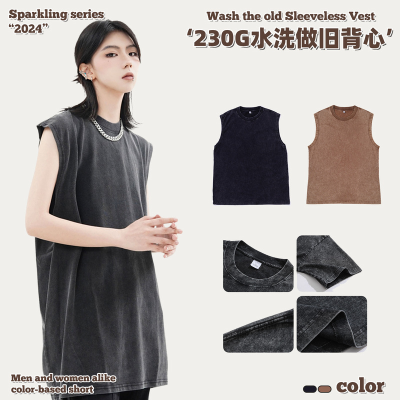 230g Cotton Heavy Dressed Sleeveless T-Shirt for Men and Women Washed Shoulder Cotton Retro Couple T-Shirt Loose Vest 230g Cotton Heavy Dressed Sleeveless T-Shirt for Men and Women Washed Shoulder Cotton Retro Couple T-Shirt Loose Vest