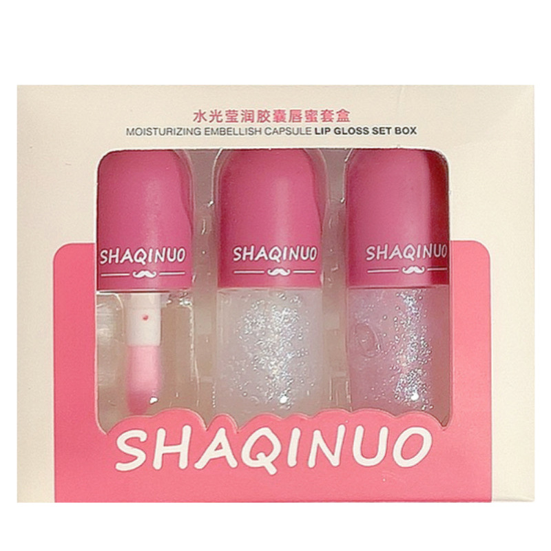 Sha Qi Nuo cápsula conjunto de brillo de labios transparente labio de vidrio plegable conjunto de recubrimiento femenino mini muestra de brillo de labios