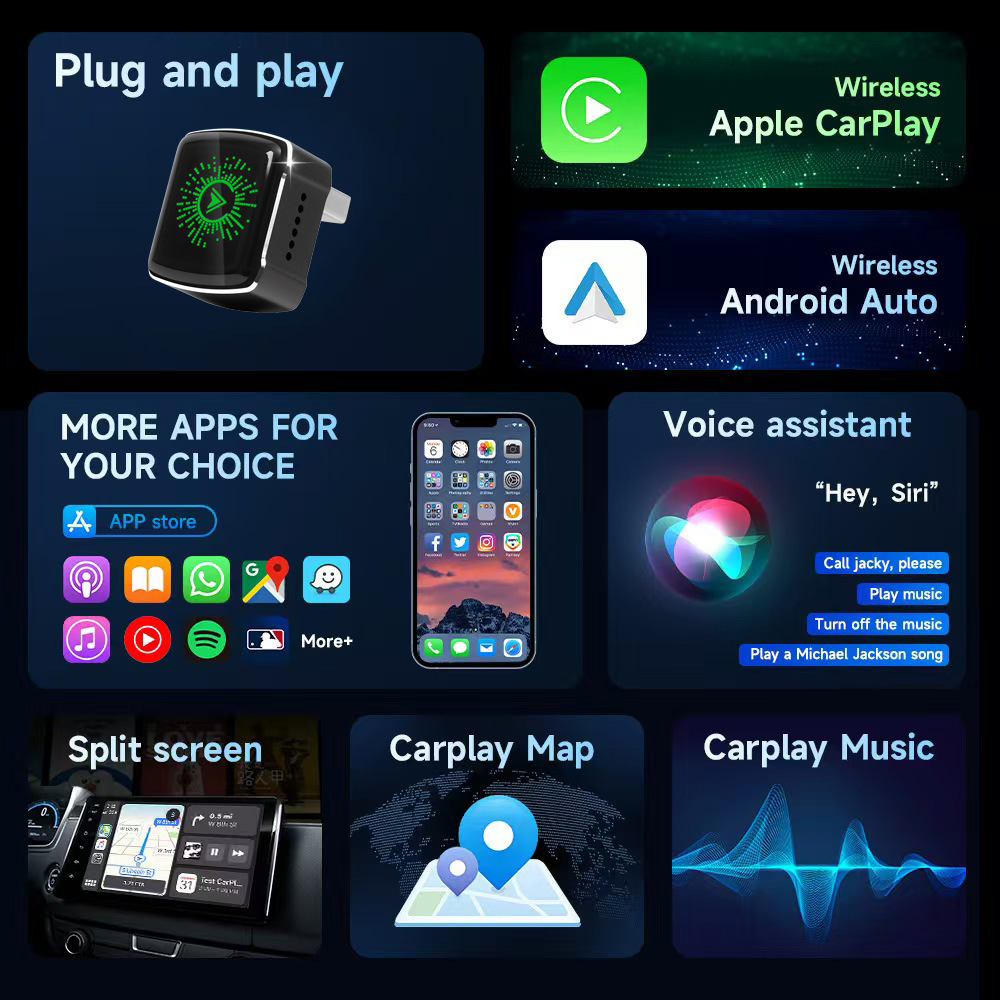 2026 Model Rgb Colorful Light Carplay Box Android Auto Two-In-One Wired to Wireless Adapter