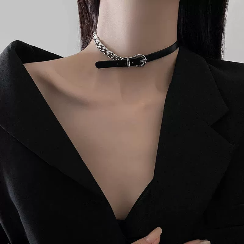 Choker Necklace Set, adjustable faux leather & chain, pendant/bell/leash options, 40–48 cm