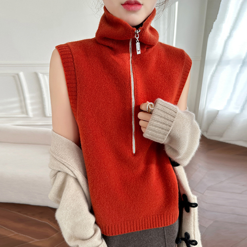 100% Wool Sweater High Collar Half Zipper Knitted Vest Feminine Simple Sleeveless Sweater Vest Vest Top Horse 100% Wool Sweater High Collar Half Zipper Knitted Vest Feminine Simple Sleeveless Sweater Vest Vest Top Horse