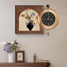 中古风餐厅装饰画带时钟新中式高级感饭厅挂画复古餐桌背景墙挂钟