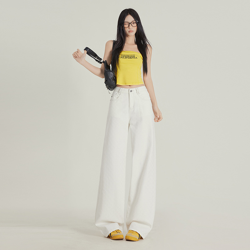 Casual Versatile College Slimming Straight Pants Women's 2025 Niche Design Loose Denim Pants with Diamond Pattern