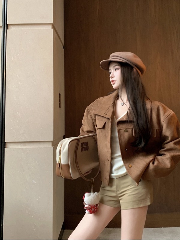 美拉德棕色麂皮绒外套女装秋季新款复古立领宽松时尚休闲上衣|undefined