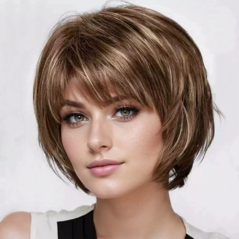 Temu Yiwu Wig Manufacturer European and American Women's Short Hair Wigs Synthetic Fiber Hair Golden Brown Short Straight Hair Full Wig