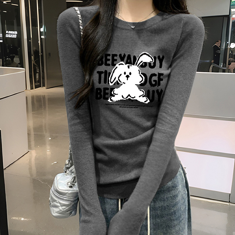 高级感灰色纯棉长袖t恤女内搭打底衫秋冬季修身显瘦正肩韩系上衣|undefined