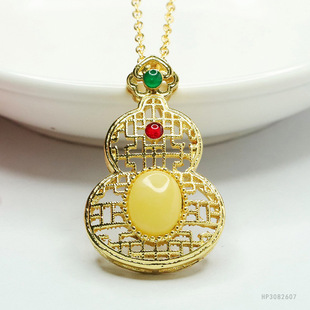 Yuyu natural beeswax gourd pendant yellow honey amber necklace women retro factory wholesale generation HP3082607