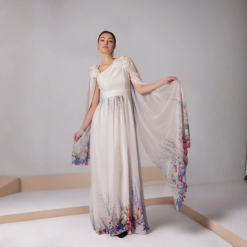 KY2080 Cross-Border 2026 Summer Three-Dimensional Floral Shawl Dress Floral Print Chiffon Bridesmaid Party Long Dress