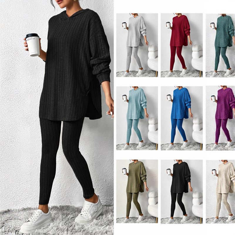 2025 Autumn and Winter European and American Amazon Cross-Border Women's Loose Hooded Long-Sleeve Casual Pants Ribbed Set 2025 Autumn and Winter European and American Amazon Cross-Border Women's Loose Hooded Long-Sleeve Casual Pants Ribbed Set
