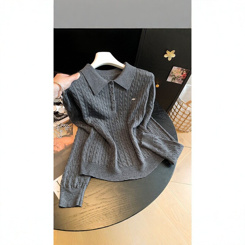 Old Money Style Polo Collar Cable Knit Sweater for Women, Fall 2026 New High-End Top, Base Layer Sweater Old Money Style Polo Collar Cable Knit Sweater for Women, Fall 2026 New High-End Top, Base Layer Sweater