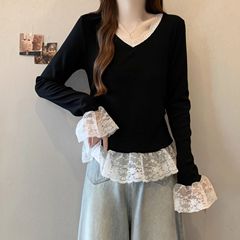 大码V领蕾丝花边下摆长袖T恤女春秋新款胖mm收腰显瘦喇叭袖上衣女