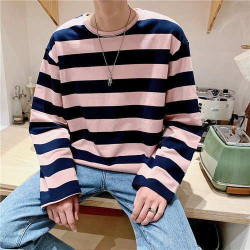 Classic Striped Long-Sleeve T-Shirt for Men, Round Neck, Thin, Loose, Fashion, Unisex, Casual Underwear Top