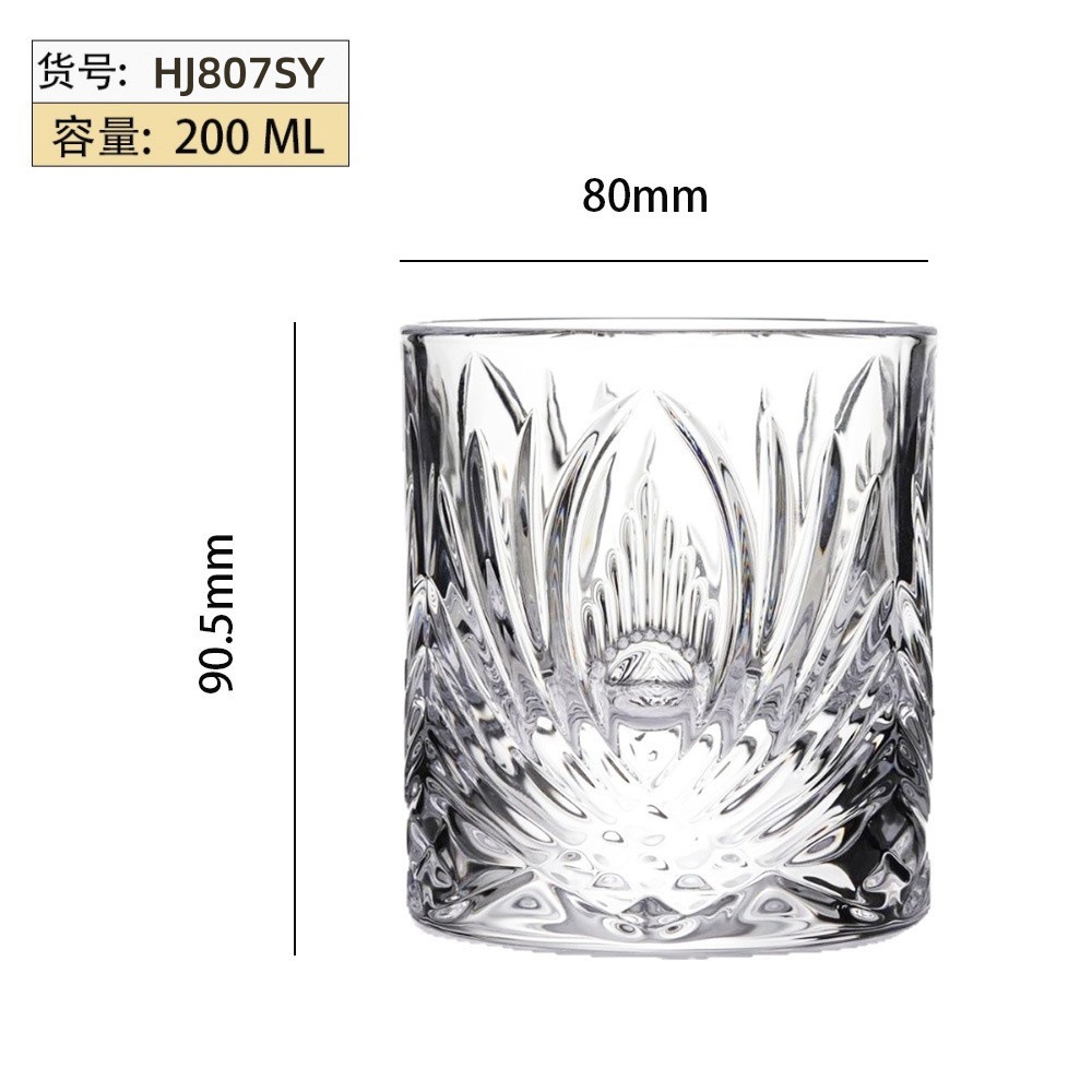 Vaso de whisky en relieve al por mayor con fondo grueso grabado vaso de vino de licores clásicos vaso de vidrio de bar casero