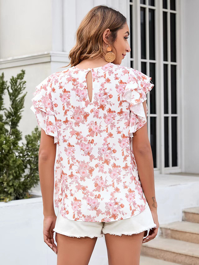 Women's Clothing Round Neck Printed Ruffled Short Sleeve Chiffon Shirt Fragmented Pullover T-shirt_voghion.com