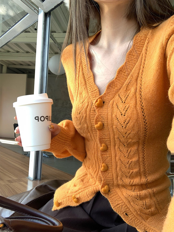 韩版纯色V领花边毛衣开衫女秋季新款修身慵懒风内搭针织外套上衣|undefined