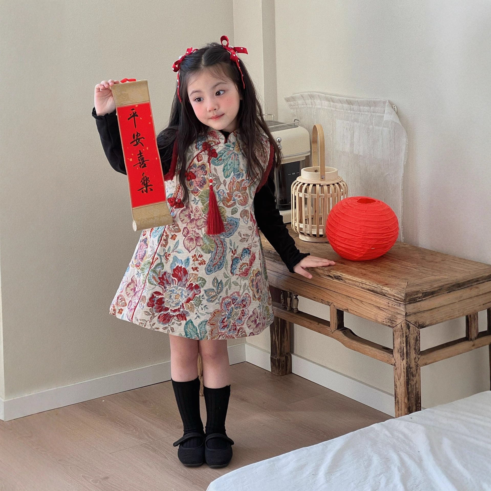 Autumn and Winter Red Girls' New Year Outfit 25 New Improved Cheongsam Chinese Hanfu Dress Baby Girl Vest Dress Children
