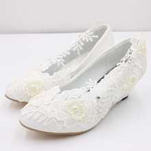 【星辰猫】供货跨境白色大码婚鞋坡跟新娘鞋高跟蕾丝婚鞋女BH2103