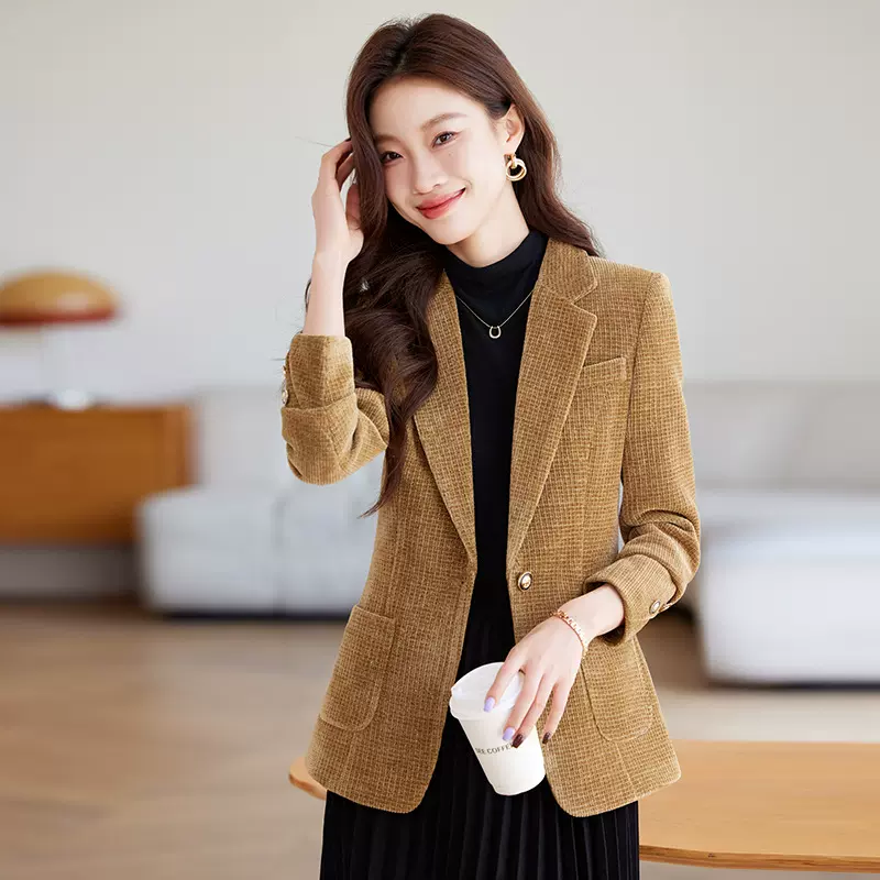 雪尼尔休闲小西装外套女2024秋冬新款韩版高级感气质百搭西服上衣