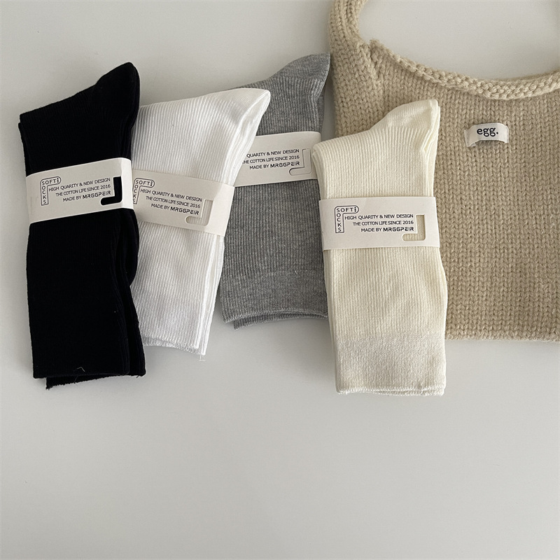 Double needle solid color white confinement jk socks female girl mid-calf pile summer cotton all-match beige Japanese college style
