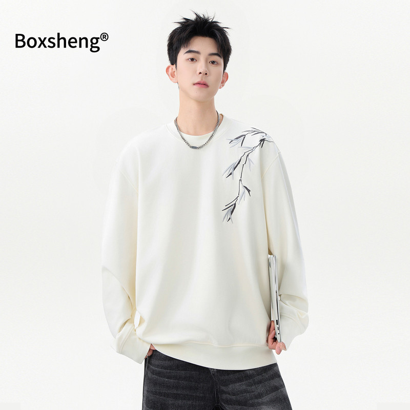 New Chinese Style Bamboo National Trend Sweatshirt for Men, Spring Embroidered Loose Round Neck Drop Shoulder Sleeve Top, Spring and Autumn Men's Long Sleeve New Chinese Style Bamboo National Trend Sweatshirt for Men, Spring Embroidered Loose Round Neck Drop Shoulder Sleeve Top, Spring and Autumn Men's Long Sleeve