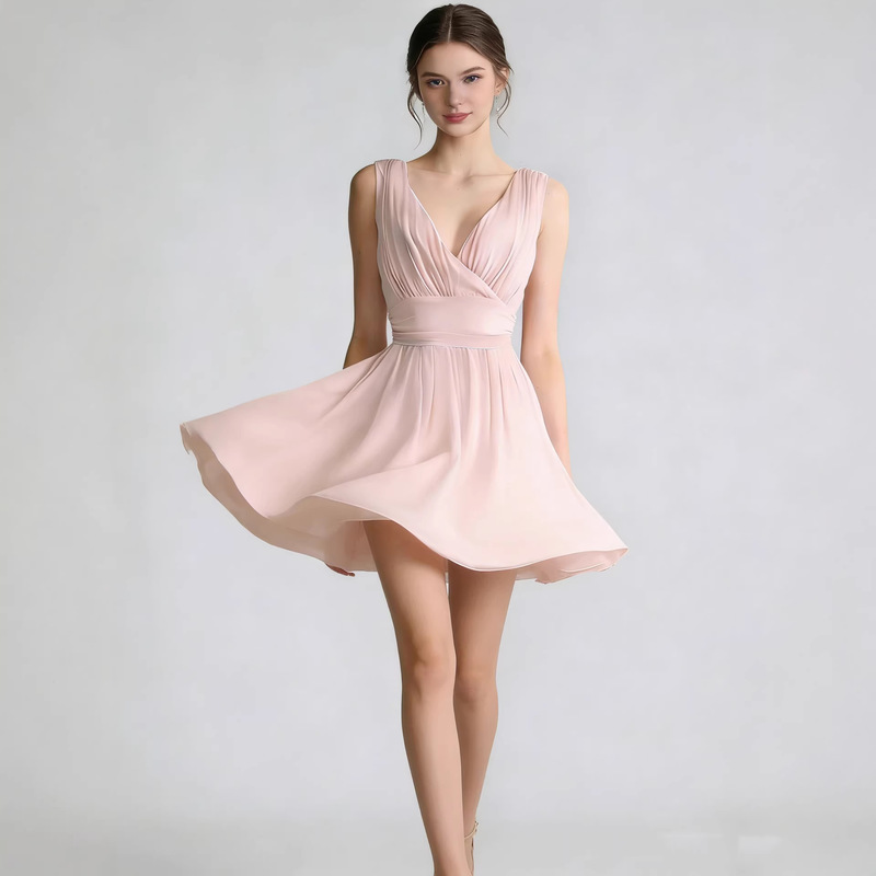 Summer New Style Light Pink Sleeveless V-Neck Short Dress Chiffon Waist-Cinching Slimming Sweet Holiday Party Evening Dress