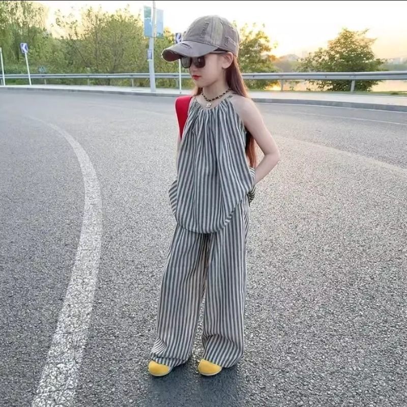 法式吊带套装女童夏款新款设计感条纹背心上衣阔腿长裤女孩两件套