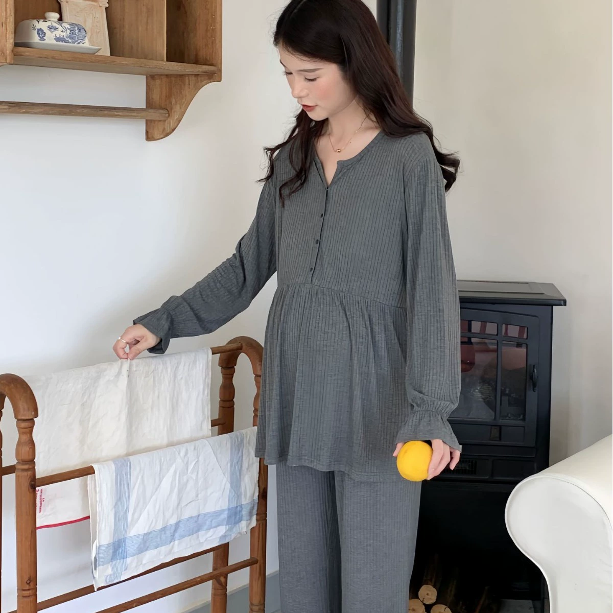 [Готовый запас 6197] Весенняя и осенняя домашняя одежда, пижамы, одежда для беременных, одежда для беременных, весенне-летний чистый цвет