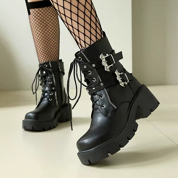 2025 Autumn and Winter Cross-Border Supply Thick-Soled Punk Style High-Heeled Belt Buckle 40-44 Lace-Up Low-Cut Boots