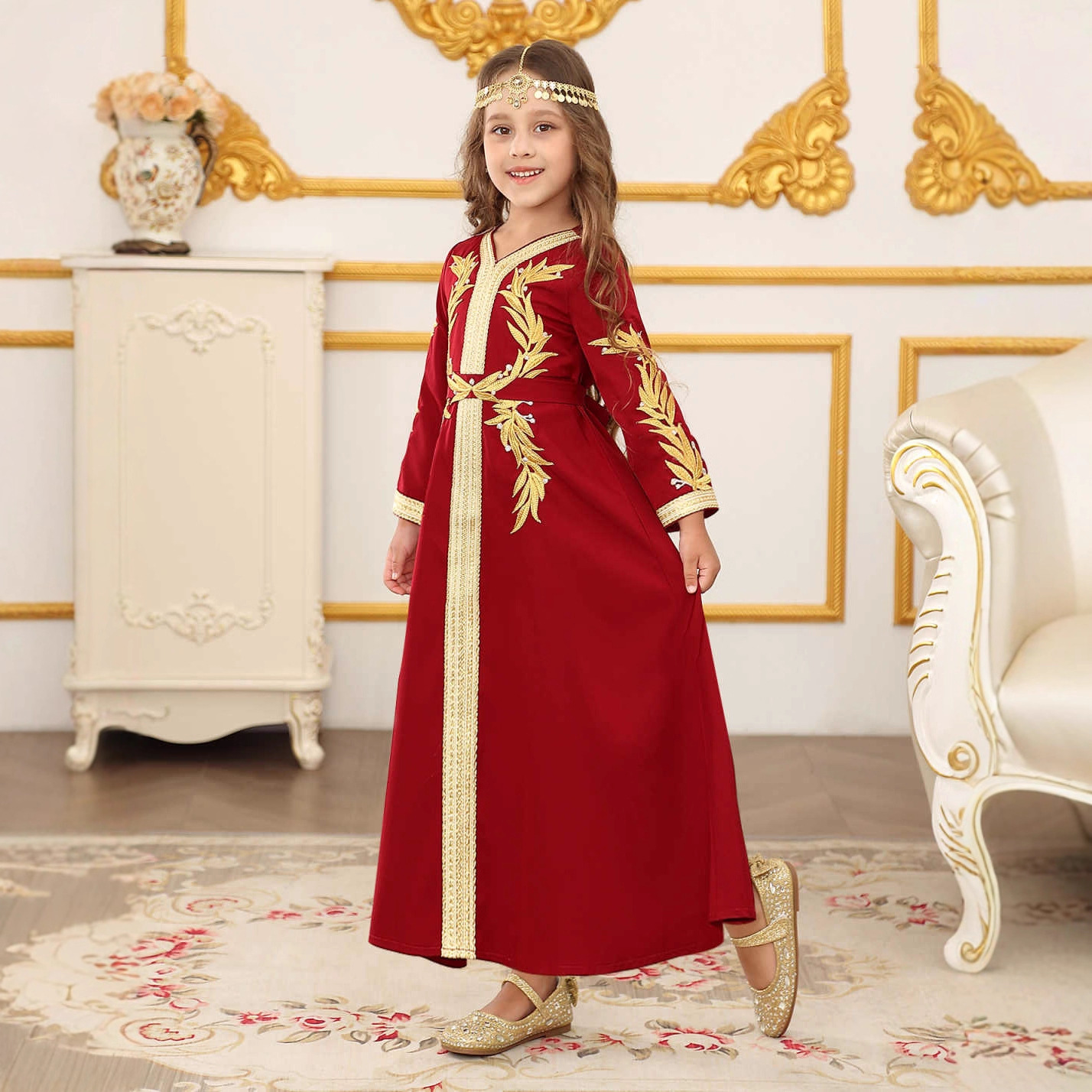 Girls Turkish Lace Trim Dress Solid Colour Childrens Robe_voghion.com